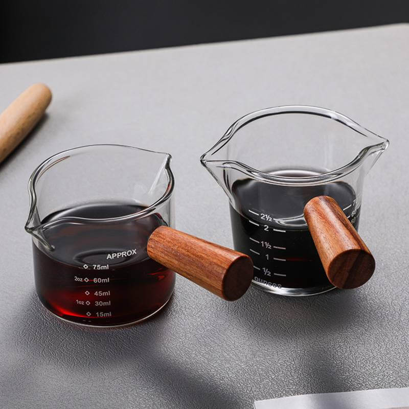 Heat Resistant Espresso Measuring Cup Double/Single Mouth Glass With Wood Handle